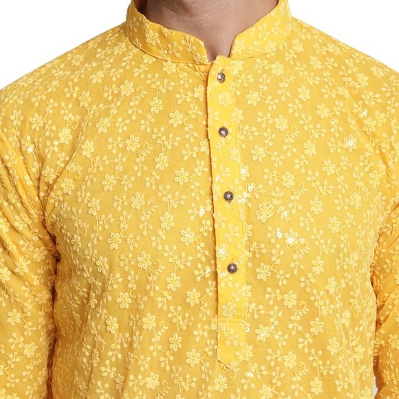 Men Chikankari Georgette Yellow Color Kurta Full Sleeve Knee Length Kurta - Picture 5 of 6
